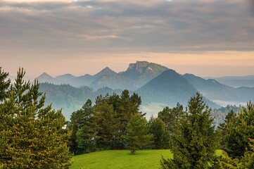 Mountain pass in Pieniny in Poland. Beautiful, dynamic and hazy sky over the mountains. Slovakia...