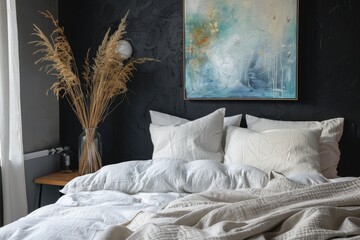 Hotel room with double bed and cotton bedding. Comfortable memory foam pillow in linen pillowcases close to soft headboard under abstract painting in loft apartment with black wall