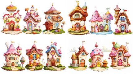 Obraz premium cute fairytale cartoon house clipart isolated on white background, cupcake cream hut, Generative Ai
