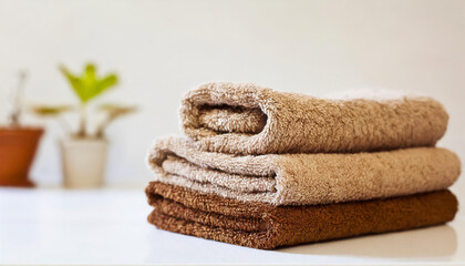 Fototapeta na wymiar Stack of folded brown towels on table, light wall on background. Home laundry. Housekeeping concept
