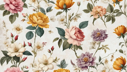 Vintage Blooms, Flowers Adorning an Old White Wall Background, Inspiring a Digital Wall Tile or Wallpaper Design.