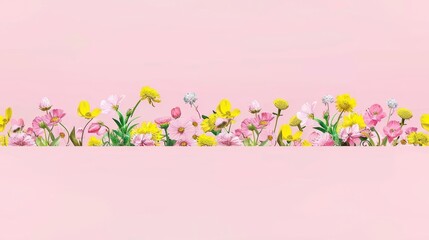   A pink background filled with a cluster of flowers, bordered by yellow, pink, and white blooms
