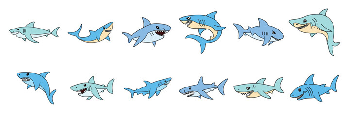 Obraz premium Collection of sharks colored outline. Doodle shark icons set. Hand drawn vector art.