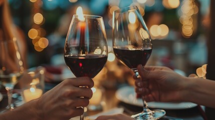 Close-ups of hands Beautiful loving young couple with glasses of red wine in a luxury restaurant, a couple enjoying an evening date or romantic