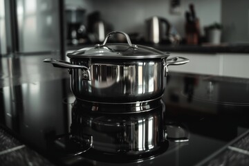 Metal pot on induction cooker. Vertical view of glass ceramic stove with saucepan on top. Household appliance in domestics kitchen with black monochrome interior design. Loft apartment