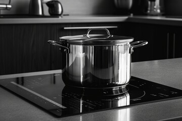 Metal pot on induction cooker. Vertical view of glass ceramic stove with saucepan on top. Household appliance in domestics kitchen with black monochrome interior design. Loft apartment