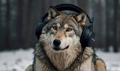 Wolf poster wearing headphones on his head