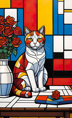 Art Oil painting in cubist style, a beautiful cat sits on the table near a modern vase decorated with flowers and roses, art illustration for interior decoration, background for smartphones,