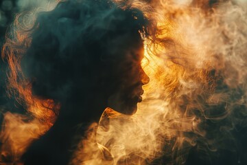 An ethereal silhouette of a person emerges from fiery, swirling smoke, creating a sense of mystery and drama