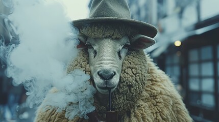 Fototapeta premium A detailed shot of a sheep donning a hat, with steam escaping its nostrils, and a lit cigarette clutched between its teeth