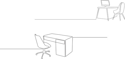 Office desk with desktop and chair in one continuous line drawing. Stylish furniture for home office room interior in simple linear style