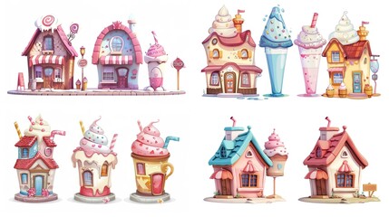 cute fairytale cartoon house clipart isolated on white background,  milk shake hut, Generative Ai