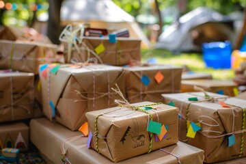 pile of gifts with camping themed labels wrapped in kraft paper and pastry twine for kid's camping themed birthday party.