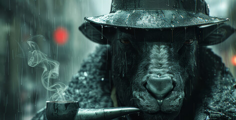   A goat in a hat and coat holds a pipe, emitting smoke from its mouth