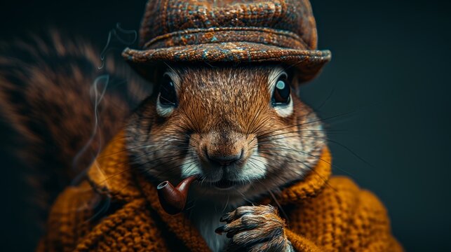   A tight shot of a squirrel donning a sweater and hat, holding a pipe in its paws, and taking a puff from another pipe