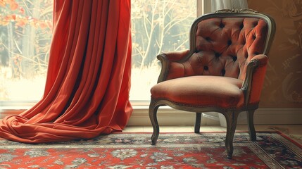   A chair faces a window, adorned by red drapes and a red rug beneath it