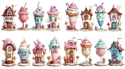 cute fairytale cartoon house clipart isolated on white background,  milk shake hut, Generative Ai