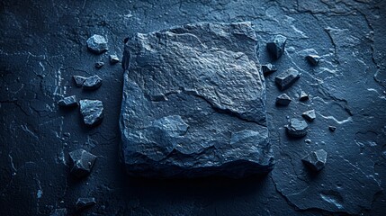   A rock perches atop a dark floor beside a wall with fissures and cracks - obrazy, fototapety, plakaty