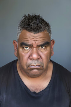 Angry serious latino man looking at the camera on gray background headshot mugshot.