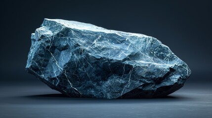   A large, blue rock sits atop a gray floor against a black backdrop, marked by a white line stretching horizontally above