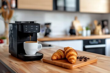 Selective focus on black modern coffee maker with ceramic cup and board with fresh croissant on wooden table against blurred kitchen interior. Tasty breakfast and espresso in the morning, copy space - Powered by Adobe