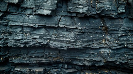   A tight shot of a rocky formation, adorned with tiny gold specks dotting its surface In the distance, a bird soars through the sky - obrazy, fototapety, plakaty