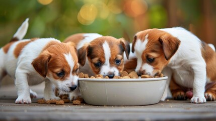 hungry Jack Russell Terrier puppies eagerly devouring food from a bowl, their enthusiasm palpable.