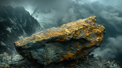   A massive rock crowning a mound of rocks, situated in a sea of snow-capped mountains - obrazy, fototapety, plakaty