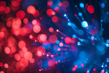 Abstract background with bokeh effect, fiber optic light, red and blue colors