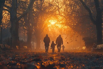 Father, son, and grandson cherish a park stroll, sharing memories and wisdom under the morning sun...