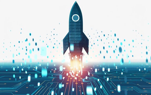 Rocket launching with binary code trail, isolated on white background - Tech startups business growth illustration.