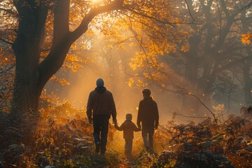 Father, son, and grandson enjoy a serene park walk, the morning sun casting a warm glow on their cherished time --ar 3:2 --stylize 750 Job ID: 6593d71e-463d-48d9-8daa-1a639a03db45