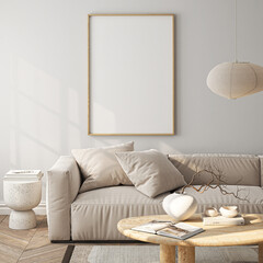 Frame mockup, ISO A paper size. Living room wall poster mockup. Interior mockup with house background. Modern interior design. 3D render
- 795622764