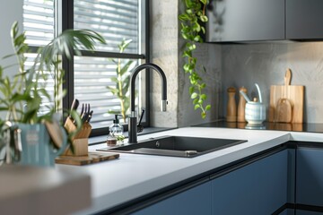 Stylish kitchen with modern interior, blue cabinet, white countertop, electric oven, glass ceramic stove, sink with faucet, plant, cutting board and kitchenware.