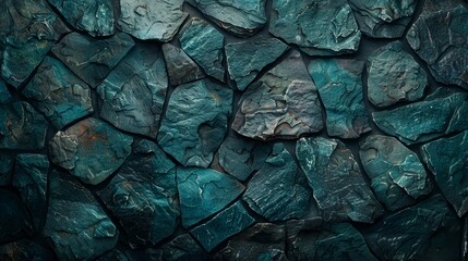   A close-up of a green and blue rock wall, featuring textured surfaces of distinctively hued stones