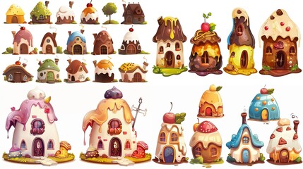 cute fairytale cartoon house clipart isolated on white background, pudding cake hut, Generative Ai