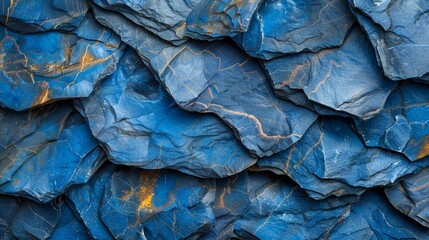   A detailed view of a rock formation, adorned with shades of blue and gold on its sides Atop, a distinct yellow mark