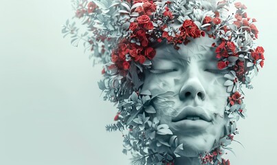 a woman's face is covered in flowers and leaves