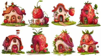 cute fairytale cartoon house clipart isolated on white background, strawberry house,  generative Ai