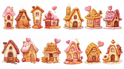 cute fairytale cartoon house clipart isolated on white background, waffle cake cream and strawberry hut, Generative Ai
