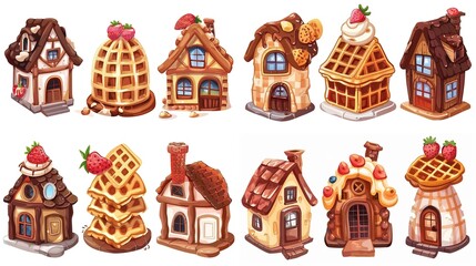 cute fairytale cartoon house clipart isolated on white background, waffle cake cream and strawberry hut, Generative Ai