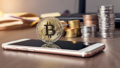 Cryptocurrency bitcoin and smartphone. Mobile finance and investment. Digital currency technology.