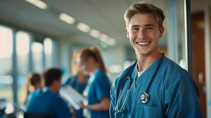 A friendly, young healthcare worker, male nurse smiles in a busy hospital environment, radiating positivity and care.	
