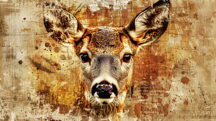   A tight shot of a deer's facial features, portraying a grungy appearance with distinct focus on its nostrils - obrazy, fototapety, plakaty