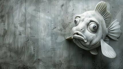   A sculpted fish with a startled expression faces a grimy wall