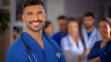 A friendly, young healthcare worker, male nurse smiles in a busy hospital environment, radiating positivity and care.	
