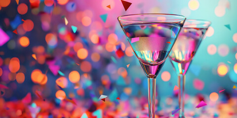 Cocktail im Glas mit bunten Lichter Bokeh für die Party im Querformat als Banner, ai generativ