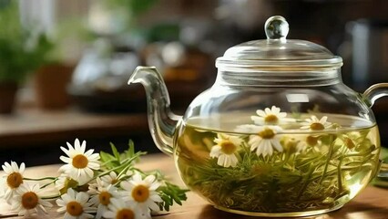 chamomile tea in tea cup, chamomile tea in tea pot, hot steaming chamomile tea, herbal tea, healthy diet, seamless looping, 4k videos, asmr, calming video, relaxing nature