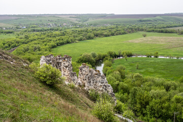 stunning landscapes with chalk cliffs and green meadows in spring in Divnogorye
