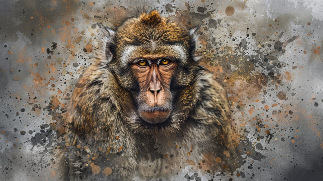   A painting of a monkey with a yellow-eyed gaze and a brown fur crown